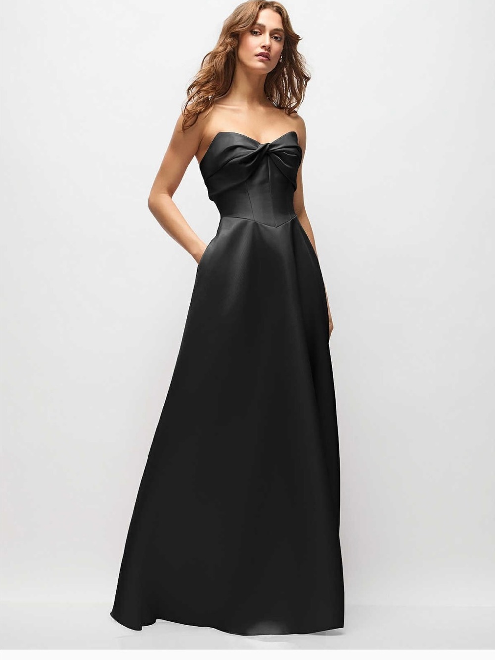 ALFRED SUNG Strapless Black Satin Gown with Twist Bodice